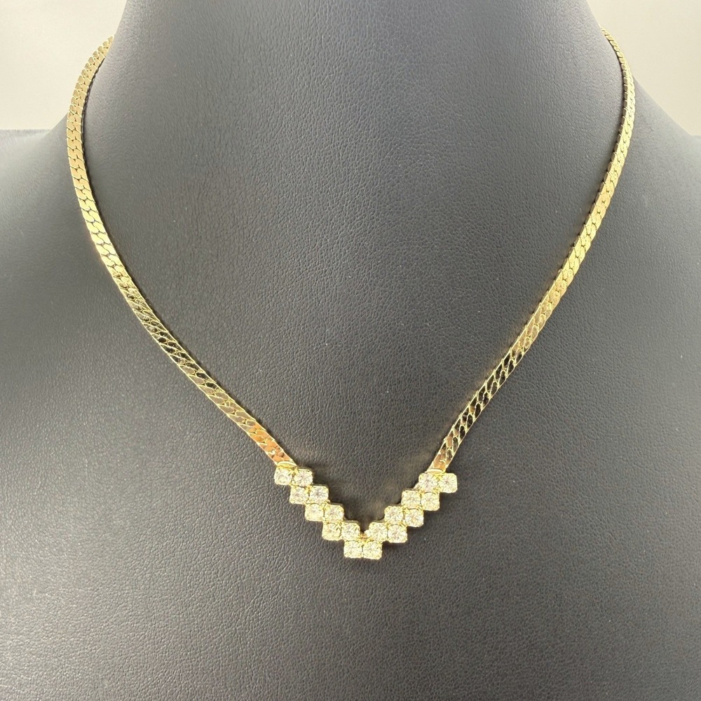Vintage Rhinestone Chevron V Pendant Herringbone Chain Necklace 16 Inch Gift